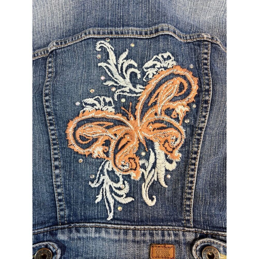 Guess Cropped Y2K Denim Jacket Women S Blue Embroidered Butterfly Stretch Jean - Picture 3 of 8